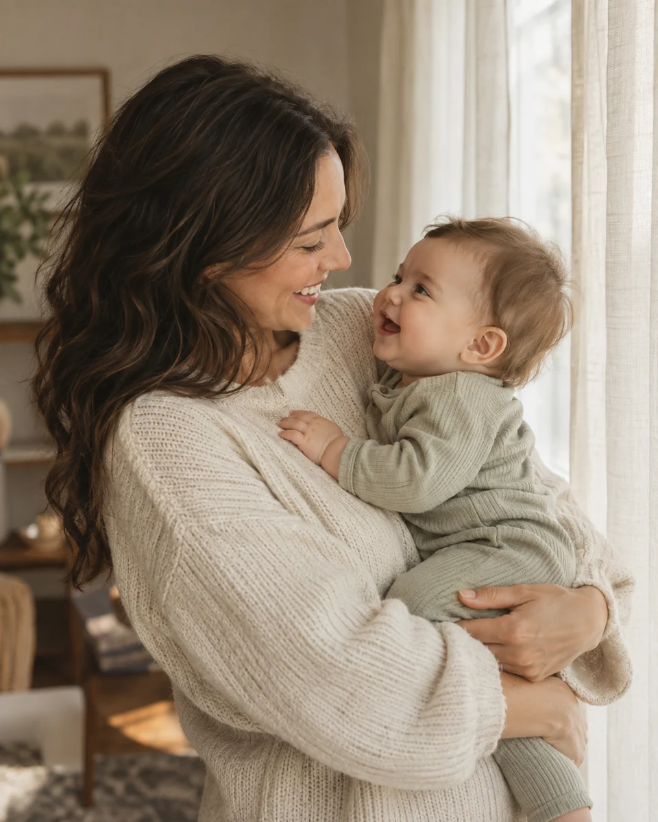 A parent and baby smiling at each other beside a window